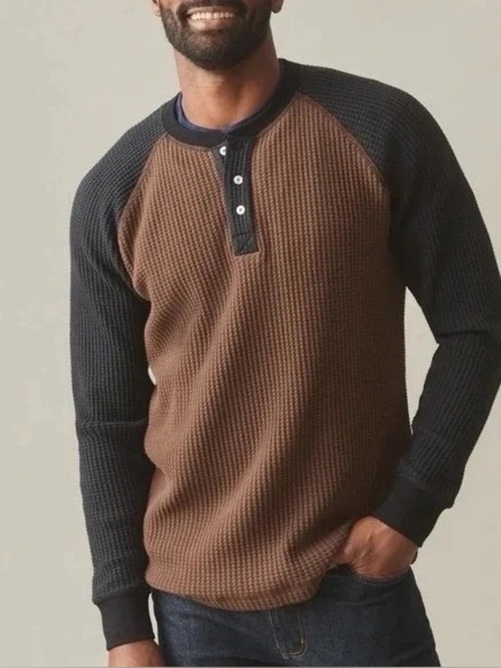 American Giant Mens Colorblock Waffle Long Sleeve Henley Black Brown heritage M